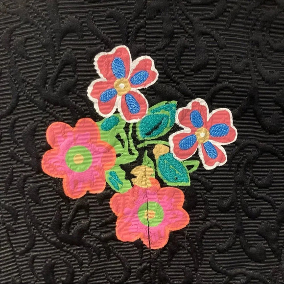 DESIGUAL Sz 38 Coat Colourful Floral Hem Relief Pattern Black Funnel Neck - Picture 12 of 14